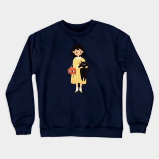 Halloween Girl with Black Cat and Pumpkin | Halloween Lovers Gift | Cute Gift Ideas| Handmade Illustrations by Atelier Serakara Crewneck Sweatshirt